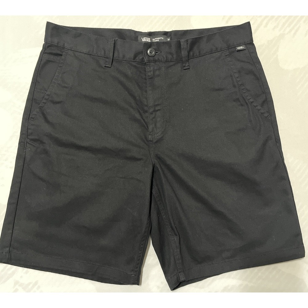 VANS Men's Black Chino Shorts Button Pockets Flat Front Logo Slash Pocket 34